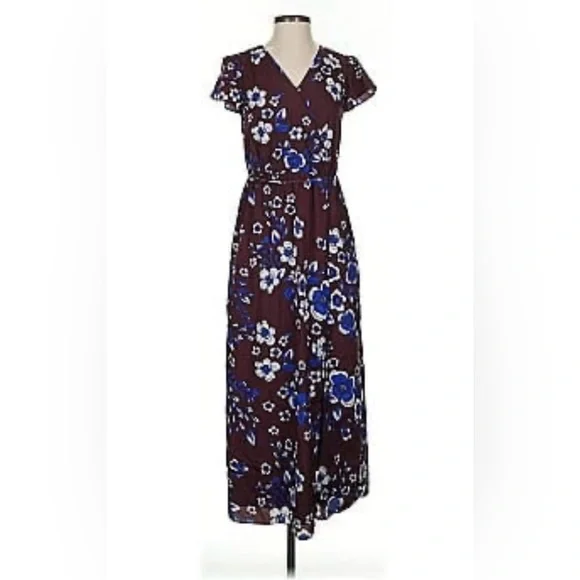 Banana Republic Burgandy Blue Floral Faux Wrap V-Neck Maxi Dress Size S - Picture 8 of 10
